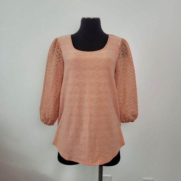 Suzanne Betro Weekend Pink Peasant Blouse Puff Sleeve Eyelet Lace Cottage Small - Picture 1 of 11